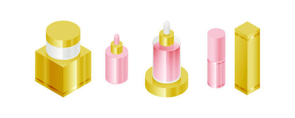 Set of Isometric Cosmetic Icons. Modern Flat Vector Illustration. Cream Jar, Bottles with Liquids, Box Sign. Social Media Template.