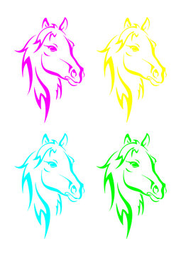 horse bust, powerful independent strong, colored cyan magenta yellow and green