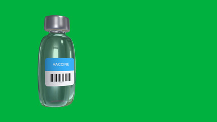 3d illustration of green background with single bottle vial of Covid-19 coronavirus vaccine.