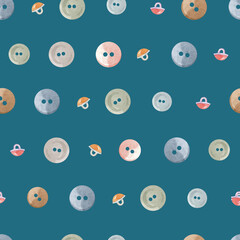 Watercolor Sewing seamless (repeat) pattern with bright buttons.