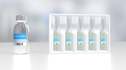 3d illustration of glass vials for liquid samples of coronavirus vaccine.