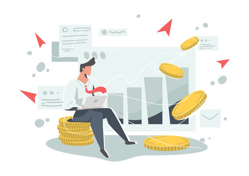 Businessmen work on financial management, trading services and investment strategies. Collection of thin line symbol images and infographics.