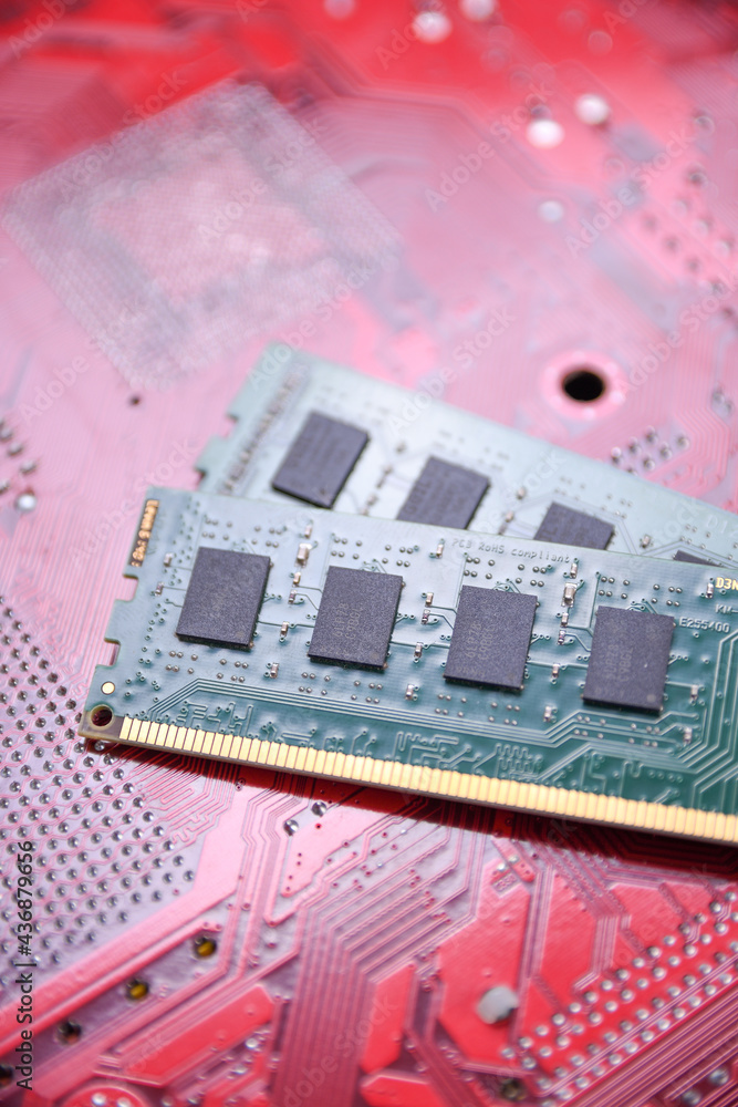 Poster Computer memory RAM on motherboard background . Close up. system, main memory, random access memory, onboard, computer detail. Computer components . DDR3. DDR4. DDR5