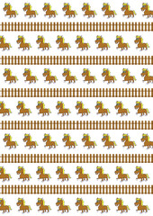seamless pattern set of brown happy horses with wooden fence