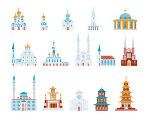 Set of religious buildings of the world Churches Catholic and Christian mosque pagoda Buddhist temple Vector illustrations in flat cartoon style Isolated on white background