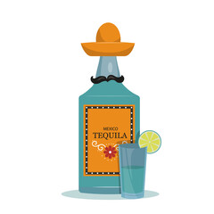 A bottle of Mexican tequila with a cap in the shape of a national hat and a shot with lime. National Mexican alcoholic beverage. Isolated design element on a white background. EPS10