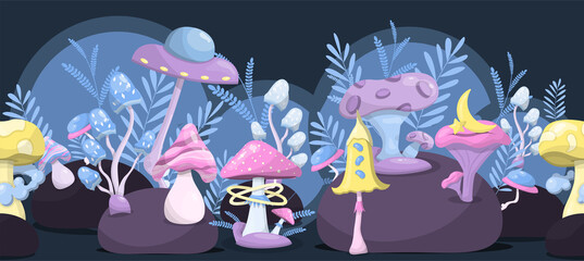 Vector magic mushrooms. Space cartoon mushrooms. Vivid illustrations of space with flying saucers, planets and stars. Square rectangular composition. Banner, advertisement, poster.
