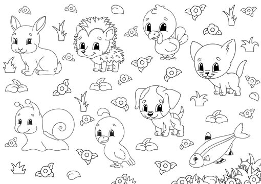 Coloring book for kids. Animal clipart. Cheerful characters. Vector illustration. Cute cartoon style. Black contour silhouette. Isolated on white background.