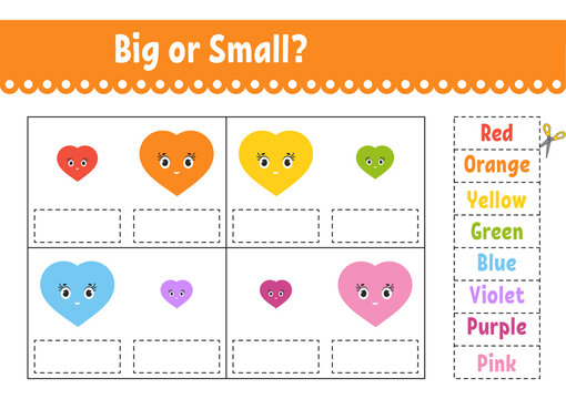 Find the correct answer. Cut and glue. Education developing worksheet. Activity page. Big or small. Isolated vector illustration. Cartoon character.