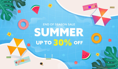 Summer sale banner with tropical, watermelon, umbrella, and sunbathing man cartoon on swimming pool water background top view