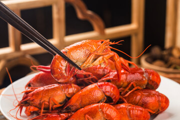 Crayfish. Red boiled crawfishes on table in rustic style,  Lobster closeup.