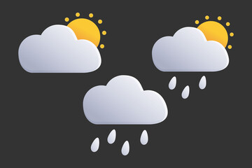 Raindrops are falling from the cloudy sky. Rain or weather icons. Set of clouds. Vector graphics