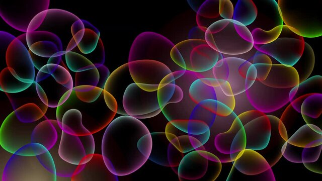 Black background with colorful transparent bubbles in 4k video.