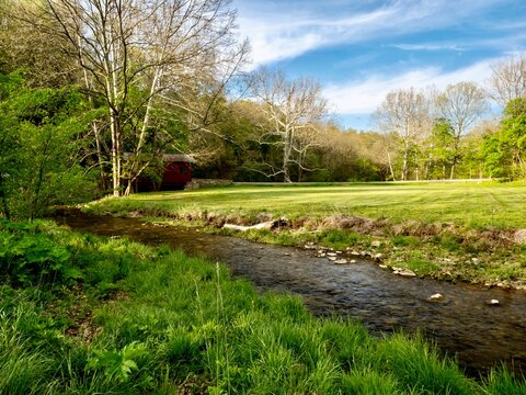 Spring Landscape Nature Scene In Mingo Creek County Park In Washington County In Southwestern Pennsylvania With A Creek Flowing Through The Scenic Park.