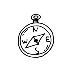 Doodle compass. Isolated on white background drawing for prints, poster, cute stationery, travel design. Hand-drawn vector. Camping