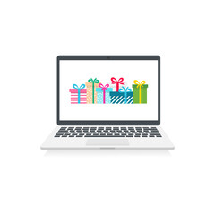 Laptop with gifts. Holidays concept. Colorful presents boxes in internet site. Online shopping. Celebrate event symbol. Vector illustration isolated on white