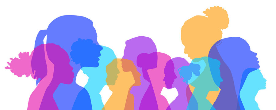 Multiethnic women communicate, vector illustration. Female faces of diverse cultures in propfile