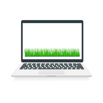 Laptop with green grass on white screen. Modern computer device with copy space. Vector isolated on white.