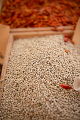 White pepper. Spices are solding in outdoor market, Sicily, Italy