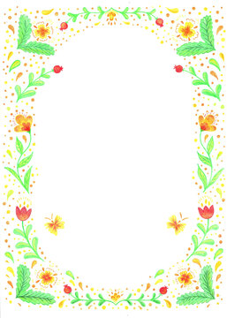 floral frame in naive style with colored pencils. High quality photo