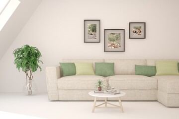 Soft color living room with sofa. Scandinavian interior design. 3D illustration