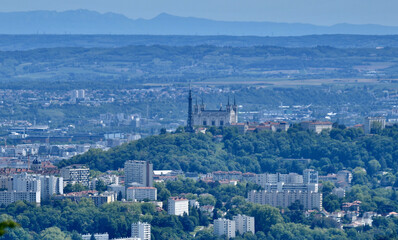 Panorama of the city of Lyon with as main subject the hill of Fourvière and its Basilica. In the...