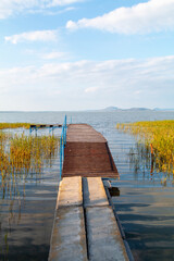 Beautiful panorama of Lake Balaton near the town of Fonyod, in the background the Badacsony Mountains and Szigliget