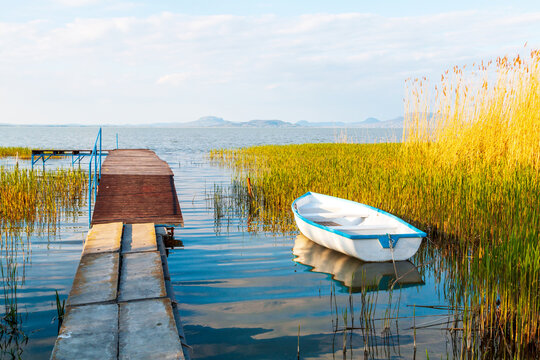 Beautiful panorama of Lake Balaton near the town of Fonyod, in the background the Badacsony Mountains and Szigliget