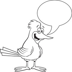 Black and white illustration of a bird with a caption balloon.