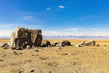 Tarkhatinsky megalithic complex consists of stone blocks. It is archaeological monument in Altai...