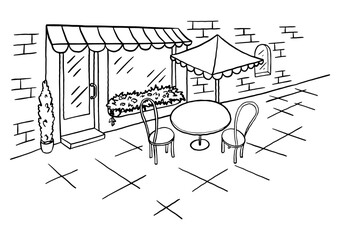 Cozy outdoor cafe in the open air. A table with a chairs. Hand drawn sketch. Vintage style. Black and white vector illustration isolated on white background.