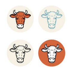 Farm animal. Set of cows. Hand drawn sketch. Vintage style. Vector illustration. Cow head. Silhouette for design.