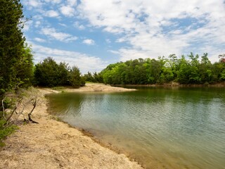 Douglas Lake in the spring in Tennessee with the Great Smoky Mountains in the background, the water...