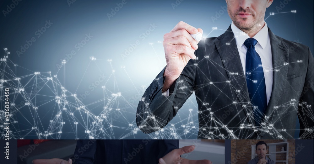 Poster composition of businessman touching screen with networks of connections