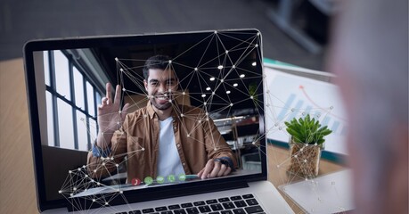Composition of network of connections over man on laptop screen video call