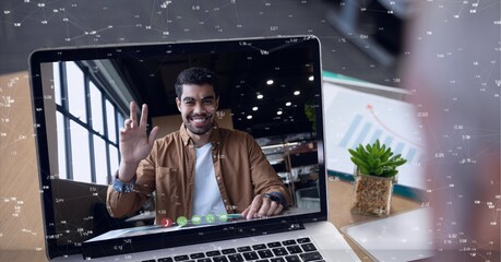 Composition of network of connections over businessman on laptop video call
