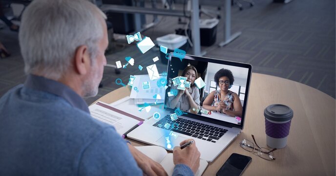 Composition of digital icons over businessman on laptop video call in office - Powered by Adobe