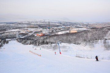 MURMANSK, RUSSIA - FEBRUARY 10, 2021: Beautiful view from the top of Nord Star ski complex located in Murmansk