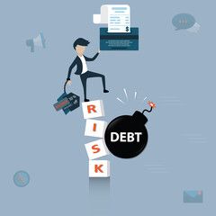 Flat of finance concept, Young man with credit card stand on the unsteadily's word risk and had the word debt attack - vector