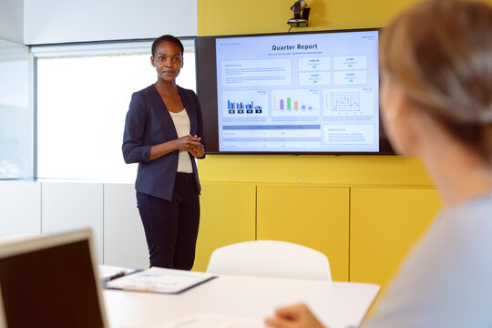 African american businesswoman doing presentation in front of caucasian woman
