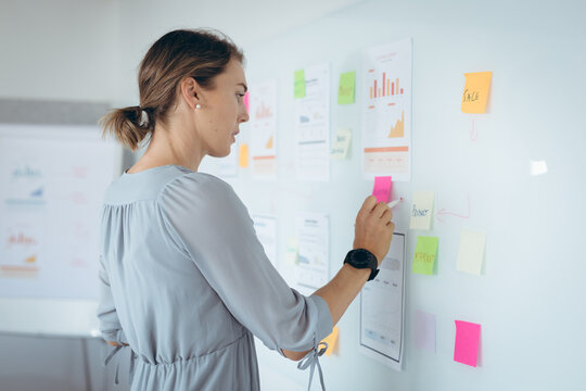 Caucasian businesswoman making notes and add post-ins on wall