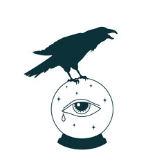 Mystical witch ball with raven. Outline crystal sphere with eye. Tarot drawing. Isolated esoteric drawing. Magical clipart. Witchcraft drawing - obrazy, fototapety, plakaty