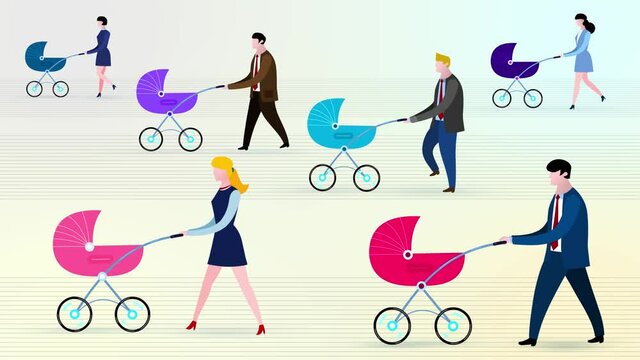 Cartoon business people with baby buggies. Baby boom. Handsome people &ndash; father and mother. People animated version. Cartoon animations serie. Alpha channel, seamless loop.
