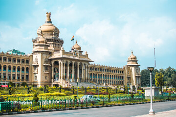 The Vidhana Soudha in Bangalore, India, is the seat of the bicameral state legislature of Karnataka.