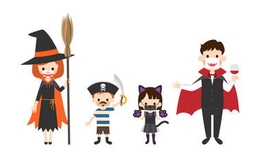 おもしろマスクをしてハロウィンの仮装をした家族のイラスト