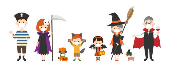 マスクをしてハロウィンの仮装をした家族のイラスト