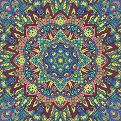 Vector seamless pattern doodle Colorful ethnic tribal geometric psychedelic folkloric style print. Mandala art.