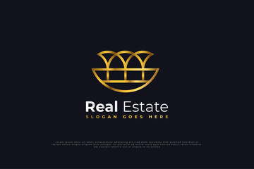 Real Estate Logo Design with Line Style in Gold Gradient. Construction, Architecture or Building Logo Design Template