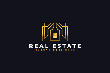 Real Estate Logo Design with Line Style in Gold Gradient. Construction, Architecture or Building Logo Design Template
