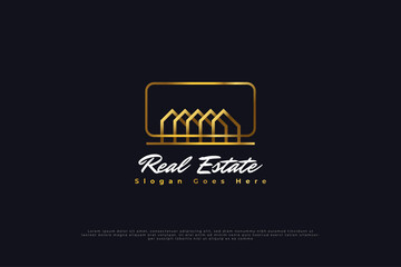 Real Estate Logo Design with Line Style in Gold Gradient. Construction, Architecture or Building Logo Design Template